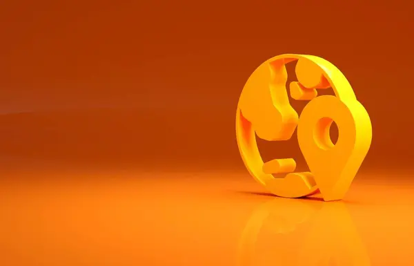 オレンジ色の背景に隔離された地球のアイコン上の黄色の位置 世界や地球の標識 最小限の概念 3Dイラスト3Dレンダリング — ストック写真