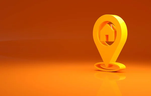 黄色地图指针 房屋图标孤立在橙色背景 家庭位置标识符号 最低纲领的概念 3D渲染3D插图 — 图库照片