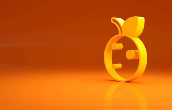 黄色的桃或蜜桃 叶子图标分离在橙色的背景 最低纲领的概念 3D说明3D — 图库照片