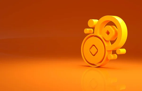 Yellow Chinese Yuan currency symbol icon isolated on orange background. Coin money. Banking currency sign. Cash symbol. Minimalism concept. 3d illustration 3D render.