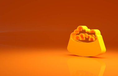 Turuncu arka planda izole edilmiş kedi ya da köpek ikonu için sarı evcil hayvan yemek kasesi. Köpek ya da kedi pençesi izi. Minimalizm kavramı. 3d illüstrasyon 3B canlandırma.