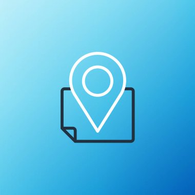 Mavi arkaplanda konum imleci simgesi izole edilmiş çizgi haritası. Renkli taslak konsepti. Vektör