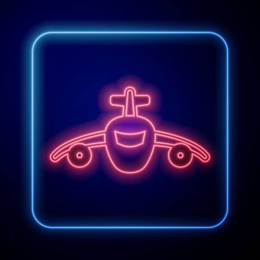 Parlayan neon uçak simgesi siyah arkaplanda izole edildi. Uçan uçak ikonu. Uçak tabelası. Vektör