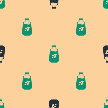 Yeşil ve siyah esans yağ şişesi ikonu bej arka planda izole edilmiş pürüzsüz desen. Organik aromaterapi özü. Cilt bakımı serumu cam bırakma paketi. Vektör