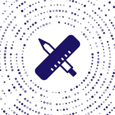 Mavi Haçlı cetvel ve beyaz arkaplanda izole edilmiş kalem simgesi. Düz sembol. Çizim ve eğitim araçları. Soyut çember rastgele noktalar. Vektör