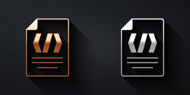 Altın ve gümüş ikili kod simgesi siyah arkaplanda izole edildi. Uzun gölge tarzı. Vektör