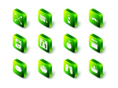 Sauna kovası ve kepçe, bir şişe su, Göz Uyku maskesi, Küvet, Elma, Terlik ve Kase ikonunda Deniz tuzu. Vektör