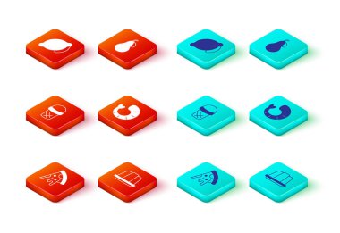 Pizza dilimi, jöleli pasta, waffle 'da dondurma, karides, armut ve limon ikonu. Vektör