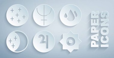 Sembol Jüpiter 'i, su damlasını, Güneş tutulmasını, düşen yıldızı, Neptün gezegenini ve Dolunay ikonunu ayarla. Vektör