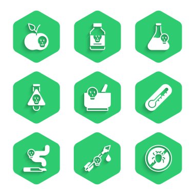 Havan topunu ve tokmağı hazırla, oku zehirle, colorado böceğini durdur, termometreyi, sigarayı, iksirli şişeyi, zehirli beher suyunu ve elma ikonunu durdur. Vektör