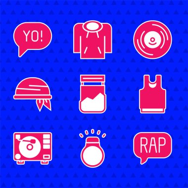 Plastik torba uyuşturucu, elmas yüzük, rap müzik, Undershirt, vinil diskli vinil çalar, Bandana ve Yo argo harf simgesi. Vektör