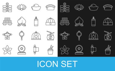 Kağıt kutu ve yemek çubuklarında Asya erişteleri, Çin davulu, şapka, suşi, şeftali meyvesi, kesim tahtası, havai fişek ve ikon. Vektör