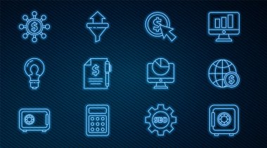 Güvenli Hat, Dolar, İmleç ve madeni para ile Dünya küresi, Kontrat para kalemi, Fikir ampul konsepti, Dolar, paylaşım, ağ, Bilgisayar monitörü grafikleri ve Satış huni okları ikonu. Vektör