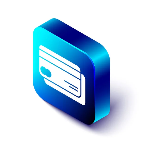 白い背景に分離されたアイソメクレジットカードアイコン オンライン決済 現金引き出し金融業務 買い物の看板青い正方形のボタン ベクトルイラストレーション — ストックベクタ