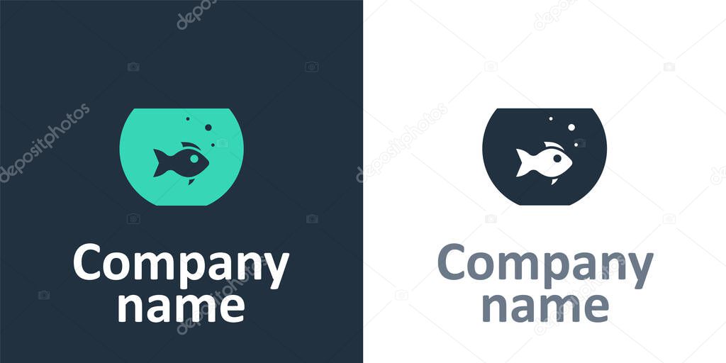 Logotype Aquarium with fish icon isolated on white background. Round glass aquarium. Aquarium for home and pets. Logo design template element. Vector