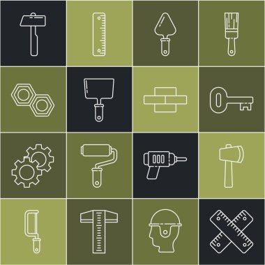 Çizgiyi aşan cetvel, tahta balta, eski anahtar, mala, macun bıçağı, altıgen metal fındık, çekiç ve tuğla ikonu. Vektör