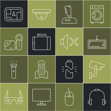 Hat kulaklıklarını, güvenlik kamerasını, klavyeyi, atari makinesi için Joystick 'i, grafik tabletini, sinemayı, haritalı GPS cihazını ve hoparlör simgesini ayarla. Vektör