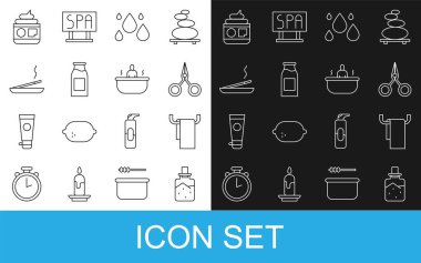 Hat Tuzu, Havlu, Makas, Su Damlası, Sütlü Şişe, Kokulu Spa Çubuğu, Krem Losyon Kozmetik Tüpü ve Küvet ikonu. Vektör