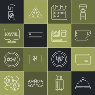 Hat otelin servis zili, kredi kartı, kahve fincanı, takvim, klima, konum oteli, lütfen rahatsız etmeyin ve ekstrem kamera simgesi kullanmayın. Vektör