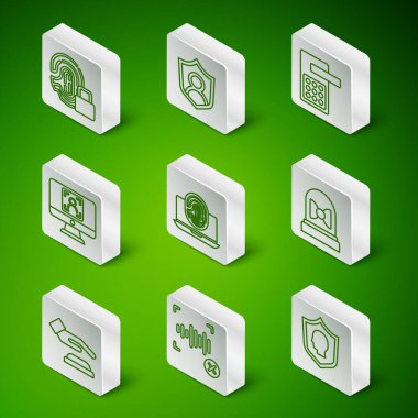 Satır Kullanıcı koruması, Reddedilme ses tanıma, Kilitli parmak izi, Laptop parmak izi, Yüz, Avuç içi ve Hareket sensörü simgesi ayarla. Vektör