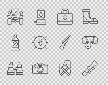 Dürbün, keskin nişancı optik görüş, ilk yardım çantası, fotoğraf makinesi, off road car, güneş, kantin su şişesi ve fil ikonu. Vektör