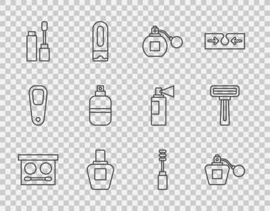 Göz farı paleti, parfüm, maskara fırçası ve tıraş makinesi ikonu. Vektör