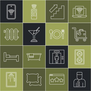Concierge, Lift, Bavul, Merdivenler, Martini bardağı, ısıtma radyatörü, kablosuz ve plakalı mobil, çatal ve bıçak ikonlu. Vektör