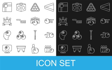 Bowling topu, bilardo topu rafı üçgeni, bilardo masası fırçası ve ikon. Vektör