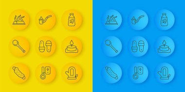 Sıralı çamaşır bezi, sauna kepçesi, terlik, eldiven, Aroma mumu, Kamp ateşi, temel yağ şişesi ve ikon. Vektör