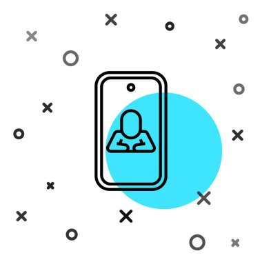 Siyah Hat Çevrimiçi Psikolojik Danışmanlık Mesafesi simgesi beyaz arkaplanda izole edildi. Psikoterapi, psikolojik yardım, online psikiyatrist danışmanlığı. Rastgele dinamik şekiller. Vektör.