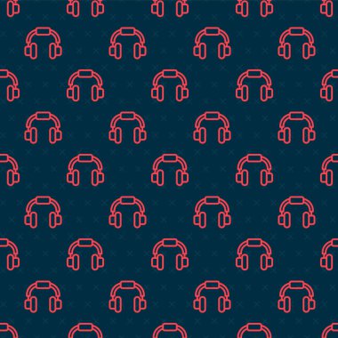 Kırmızı çizgi kulaklık simgesi siyah arka planda izole edilmiş kusursuz desen. Kulaklıklar. Müzik, hizmet, iletişim ve operatör konsepti. Vektör.