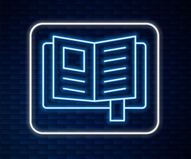 Parlayan neon hattı okuma kitabı simgesi tuğla duvar arka planında izole edildi. Vektör.