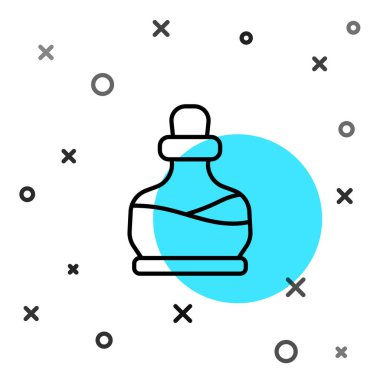 Beyaz zemin üzerinde iksir ikonu olan siyah çizgi şişesi. Sihirli iksirli matara. Mutlu Cadılar Bayramı Partisi. Rastgele dinamik şekiller. Vektör.