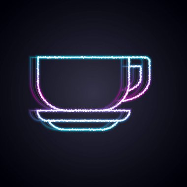 Parlayan neon hattı kahve fincanı simgesi siyah arka planda izole edilmiş. Çay fincanı. Sıcak içecek kahvesi. Vektör.