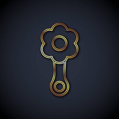 Altın çizgili Rattle bebek oyuncağı ikonu siyah arka planda izole edildi. Fasulye torbası işareti. Vektör