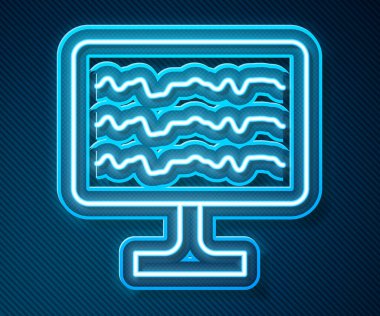 Parlayan neon çizgisi ensefalogram simgesi mavi arkaplanda izole edildi. Elektriksel aktivite. Vektör