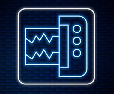 Glowing neon line Seismograph icon isolated on brick wall background. Earthquake analog seismograph.  Vector