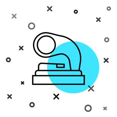 Siyah çizgi Beyaz zemin üzerinde izole edilmiş eski gramofon simgesi. Rastgele dinamik şekiller. Vektör