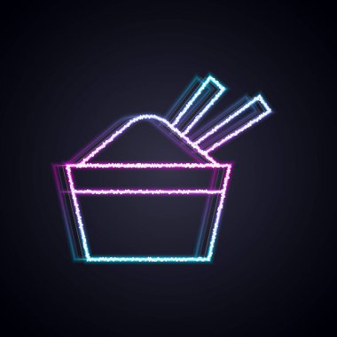 Siyah arka planda izole edilmiş yemek çubuğu ikonu olan bir kasede parlayan neon çizgisi Rice. Geleneksel Asya yemekleri. Vektör