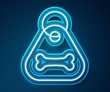 Mavi arka planda isim etiketi ve kemik plağı ikonu olan parlak neon çizgili köpek tasması. Evcil hayvan malzemeleri. Kedi köpek bakımı. Evcil köpek zincirleri. Vektör