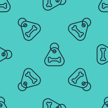 İsim etiketli siyah çizgi köpek tasması ve yeşil arka planda izole edilmiş kemik plağı simgesi. Evcil hayvan malzemeleri. Kedi köpek bakımı. Evcil köpek zincirleri. Vektör