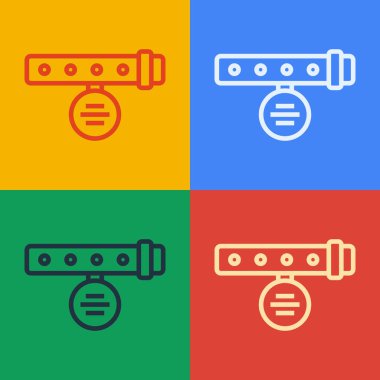 Renk arkaplanında isim etiketi simgesi olan pop sanat çizgisi tasması. Evcil hayvanlar için basit malzemeler. Kedi köpek bakımı. Evcil hayvan zincirleri. Vektör