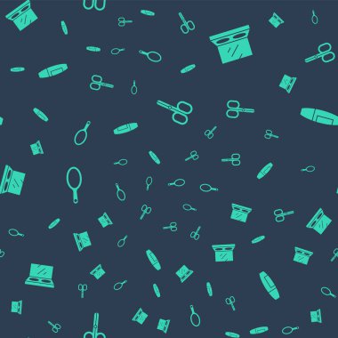 Makas, aynalı makyaj tozu, pürüzsüz desenli El ve Mascara fırçası. Vektör