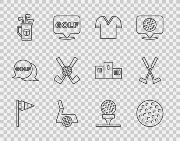 Set line Golf flag, ball, shirt, club with, bag clubs, Crossed golf, on tee and  icon. Vector