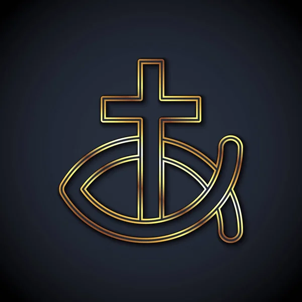 Goldlinie Christliches Fisch Symbol Isoliert Auf Schwarzem Hintergrund Jesus Fisch — Stockvektor