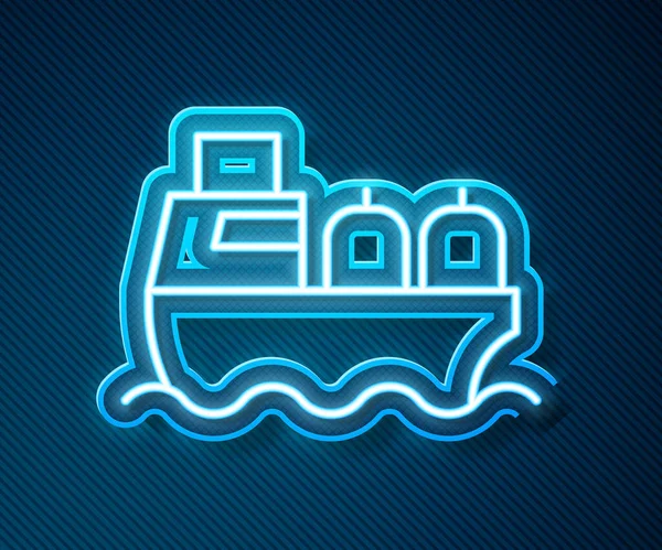 Leuchtende Neon Linie Öltanker Schiff Symbol Isoliert Auf Blauem Hintergrund — Stockvektor