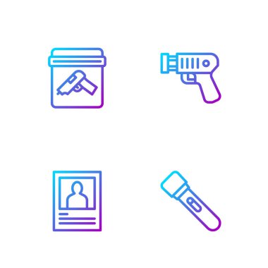 El feneri, aranıyor ilanı, silahlı kanıt torbası ve polis elektrik şoku. Renk simgeleri. Vektör