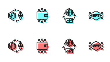 NFT dijital şifreleme sanatı, Ethereum değişimi, Kripto para birimi cüzdanı ve ikonu ayarla. Vektör