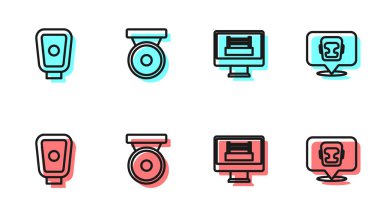 Çizgi boks ringi, eğitim pençeleri, gong ve kask ikonu. Vektör