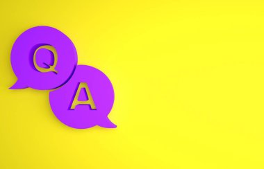 Sarı zemin üzerinde Soru ve Yanıt simgesi olan mor konuşma baloncukları. Q ve A sembolü. SSS işareti. Konuşma balonu ve çizelgesi. Minimalizm kavramı. 3 Boyutlu resimleme .